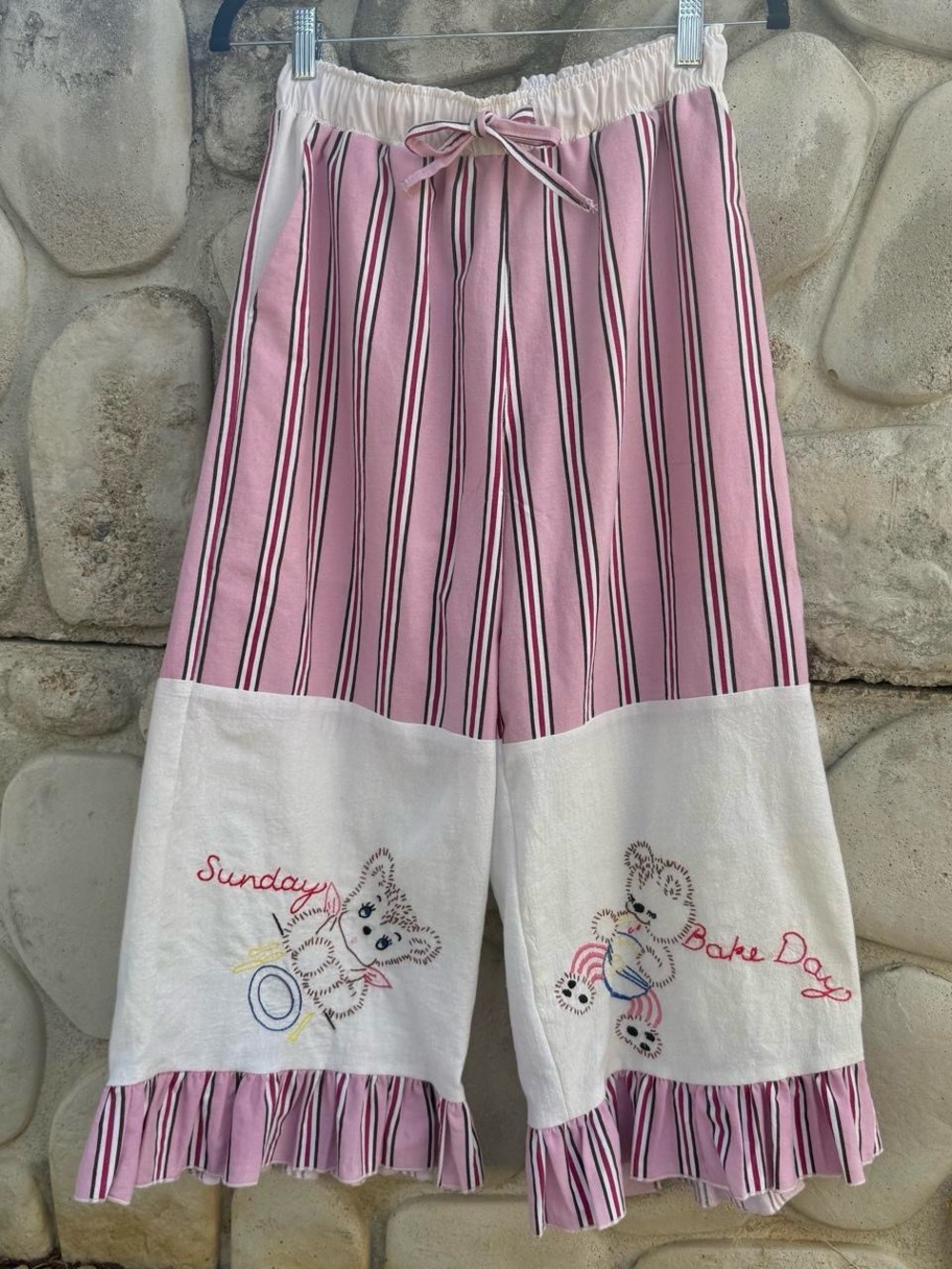 Handmade patchwork striped ruffle pants vintage fabric Women’s XS-M